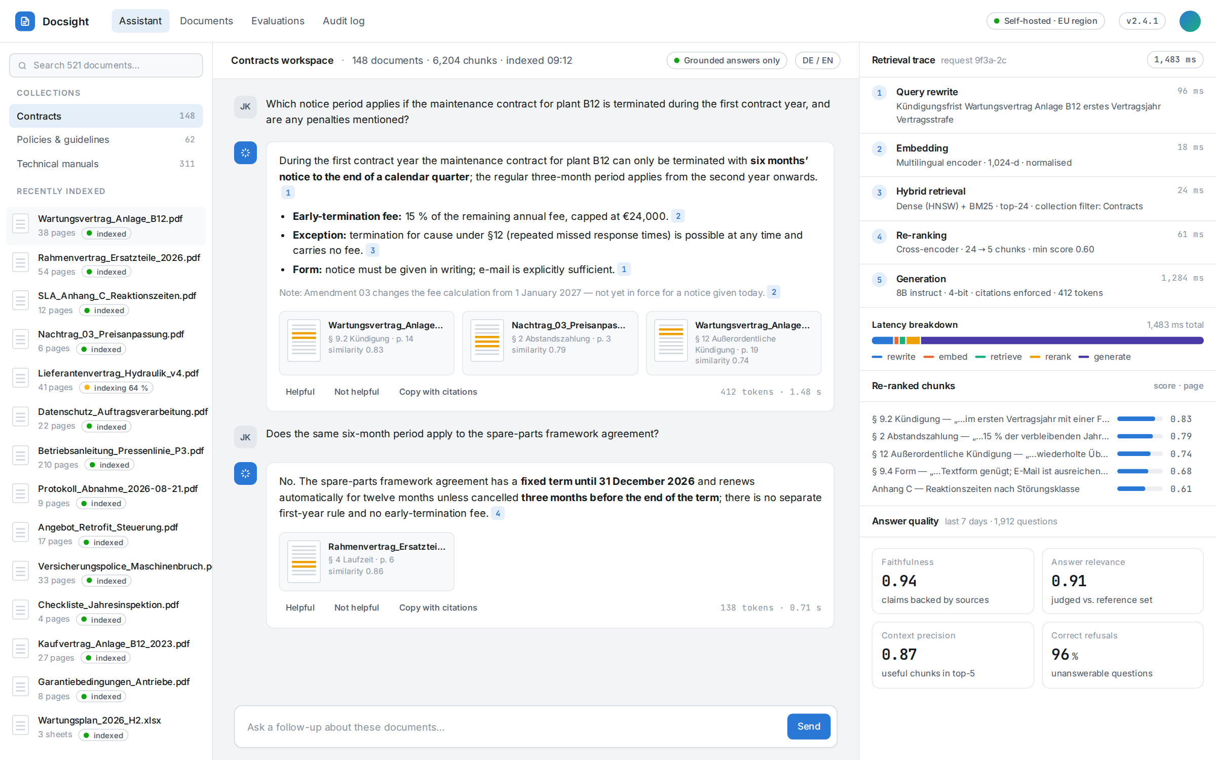 Assistant interface answering a contract question with numbered citations, source documents and a retrieval trace