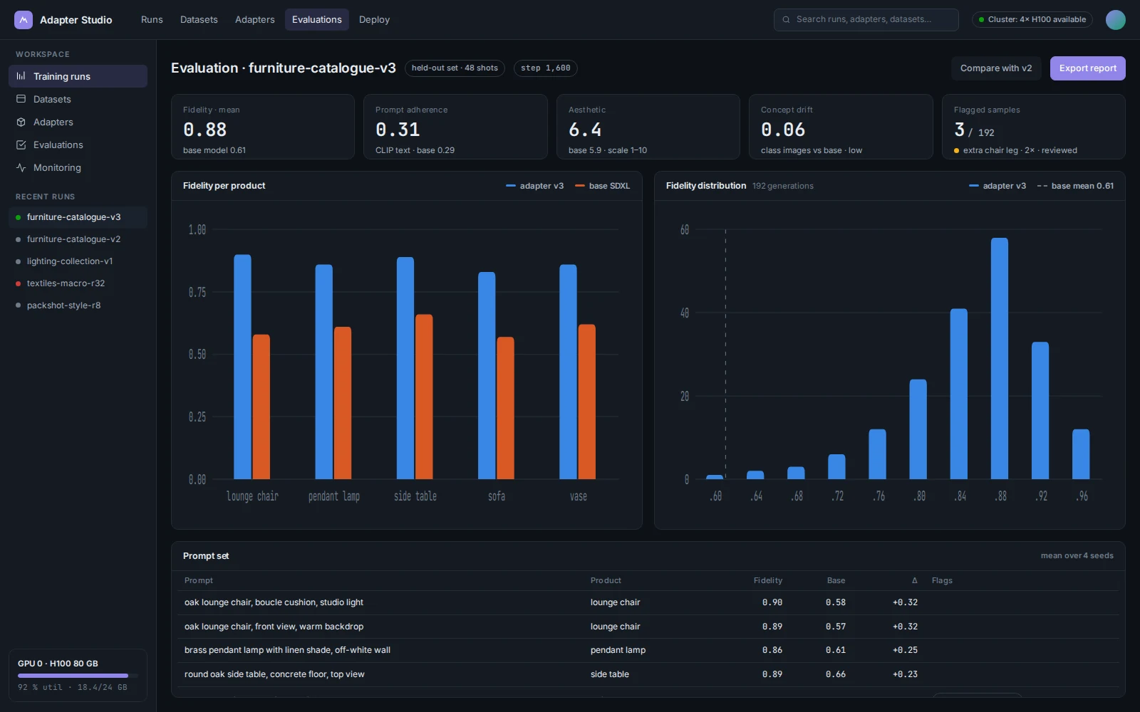 Evaluation report — fidelity per product
