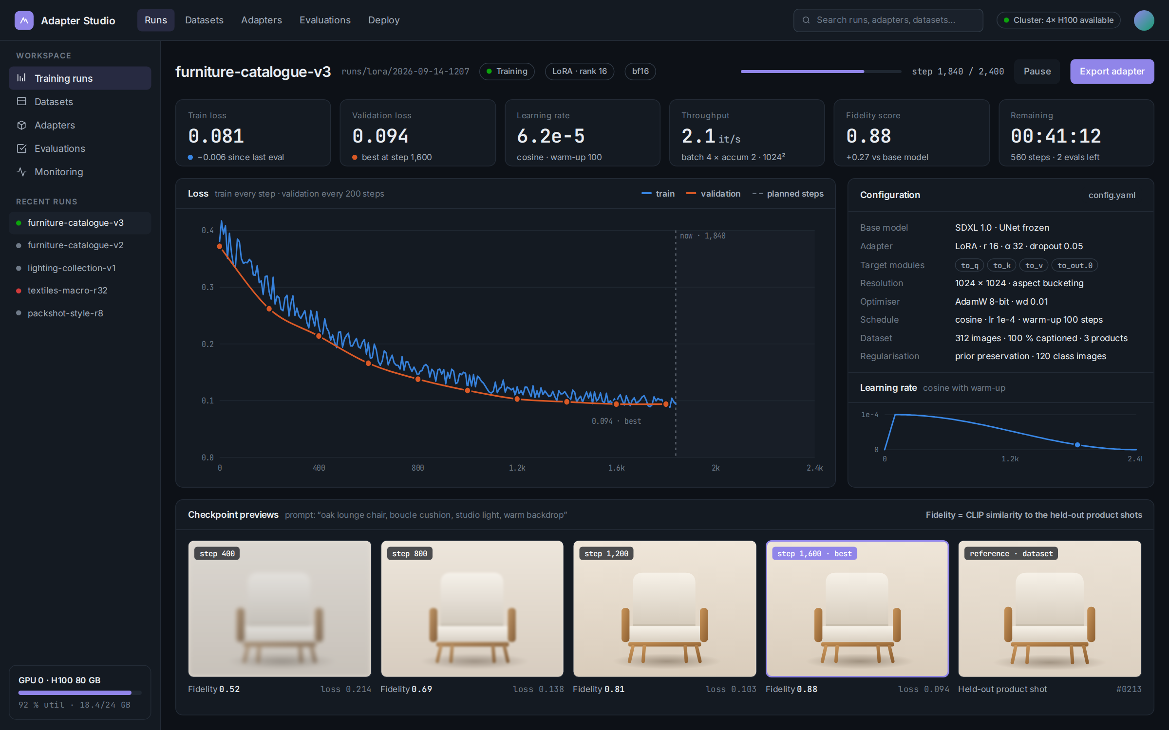 Training dashboard with loss curves, adapter configuration and checkpoint previews of a lounge chair